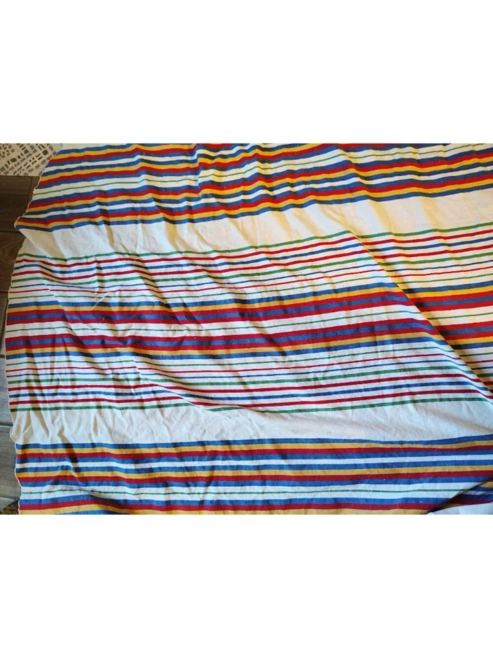 Large Cotton Tablecloth, Textured Linen, Green Blue Yellow Red Stripe 73